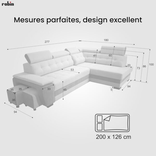 Grand canapé d'angle Convertible avec Coffre de Rangement et Deux tabourets – Image 4