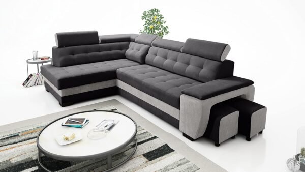 Grand canapé d'angle Convertible avec Coffre de Rangement et Deux tabourets