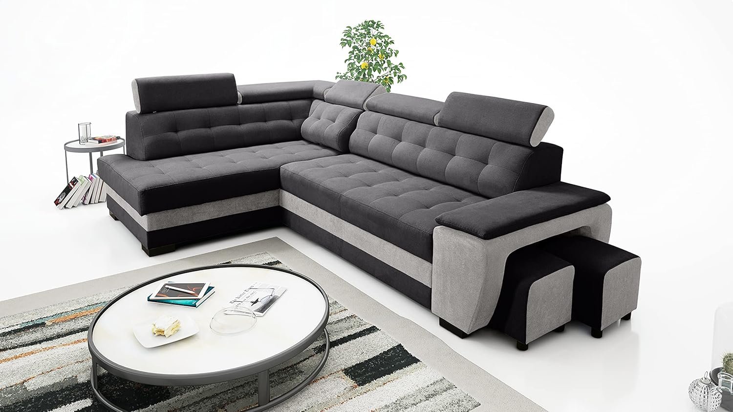 Grand canapé d’angle Convertible avec Coffre de Rangement et Deux tabourets