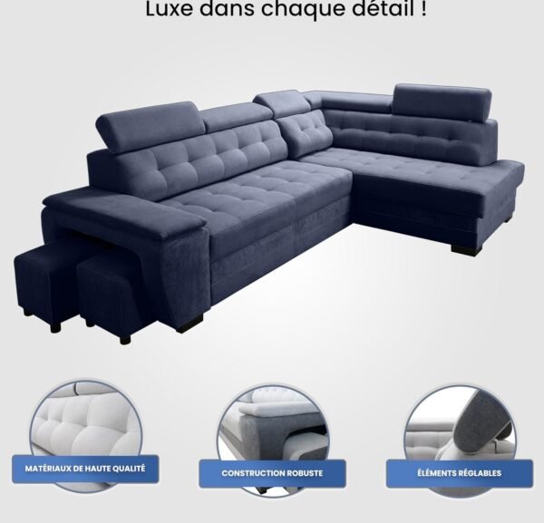 Grand canapé d'angle Convertible avec Coffre de Rangement et Deux tabourets – Image 8